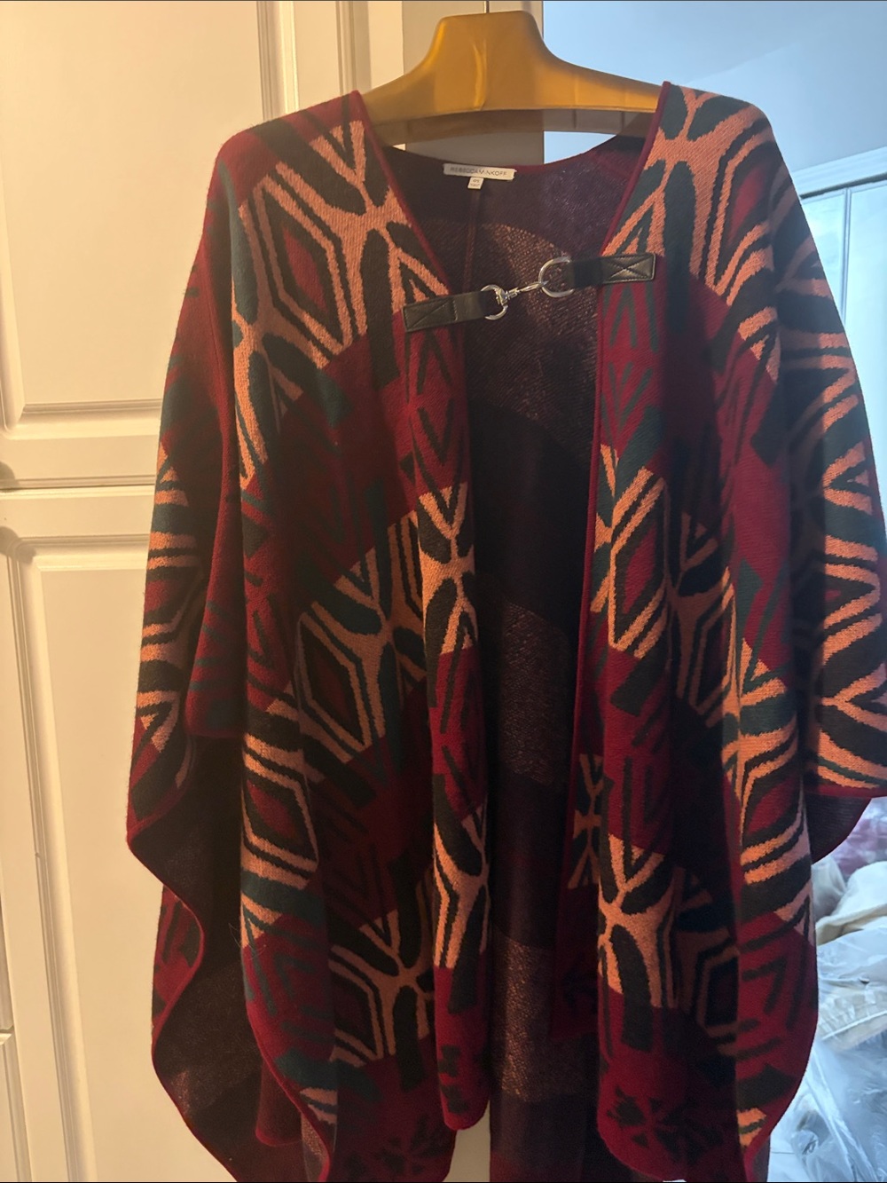 Rebecca Minkoff Burgundy, Black & Geometric Open-Front Poncho one size